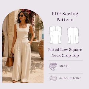 May include: A PDF sewing pattern for a fitted low square neck crop top. The image displays a beige sleeveless top and wide-leg trousers, a technical line drawing of the top, a measuring tape icon, and text indicating sizes XS-5XL and A4, A0, US Letter.