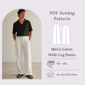 May include: A PDF sewing pattern for wide leg pants, featuring a digital illustration of the garment design, size range XS-3XL, and printer compatibility for A4, A0, and US Letter formats. The text reads PDF Sewing Pattern, Men's Linen Wide Leg Pants.