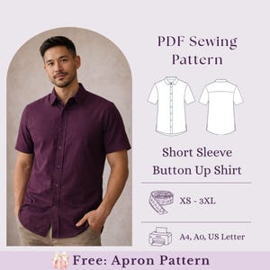 May include: A PDF sewing pattern for a short sleeve button-up shirt in sizes XS-3XL. The image displays a dark purple shirt, a technical line drawing of the front and back of the garment, a measuring tape icon, and printer icons for A4, A0, and US Letter.
