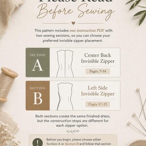 May include: An instructional sewing pattern document titled Please Read Before Sewing by Patterns by Rish. It outlines two construction methods: Section A for a center back invisible zipper and Section B for a left side invisible zipper.