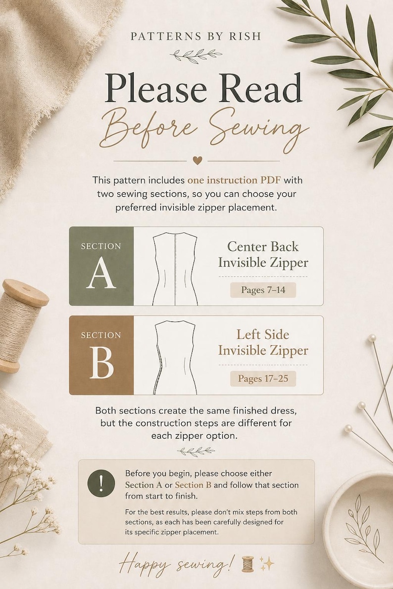 May include: An instructional sewing pattern document titled Please Read Before Sewing by Patterns by Rish. It outlines two construction methods: Section A for a center back invisible zipper and Section B for a left side invisible zipper.