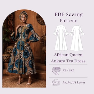 May include: A PDF sewing pattern for an African Queen Ankara tea dress. The image shows a dress with a blue, gold, and black circular pattern, bell sleeves, and a front zipper. Includes technical line drawings, size range XS-5XL, and print formats.