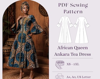 May include: A PDF sewing pattern for an African Queen Ankara tea dress. The image shows a dress with a blue, brown, and gold circular pattern, bell sleeves, and a headwrap. Includes technical line drawings, size range XS-5XL, and print formats.