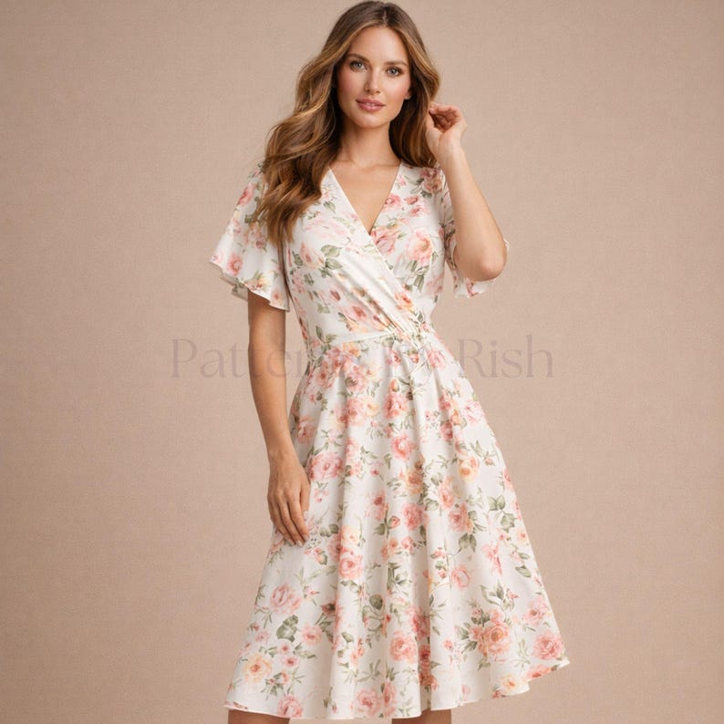 May include: A white floral print dress with a wrap-style bodice and a flared skirt. The dress features short, flutter sleeves and a V-neckline. The floral pattern includes pink and peach roses.