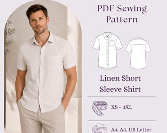 Molde em PDF para costura de camisa masculina de linho de manga curta, modelo casual com botões para fazer você mesmo.
