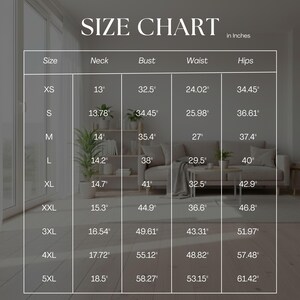May include: A size chart in a grid format, with measurements in inches. The chart includes sizes XS to 5XL, listing neck, bust, waist, and hip measurements. The text "SIZE CHART" is at the top.