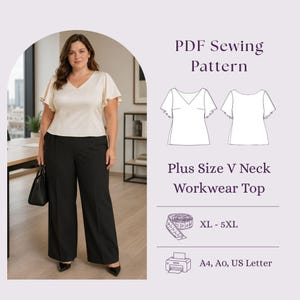 Plus Size V Neck Blouse Sewing Pattern PDF, Elegant Workwear Women Top DIY