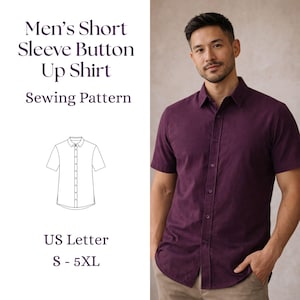 Pode incluir: Uma camisa abotoada de manga curta na cor bordô escuro. A imagem inclui uma ilustração de padrão de costura e o texto "Men's Short Sleeve Button Up Shirt Sewing Pattern" e "US Letter S - 5XL".