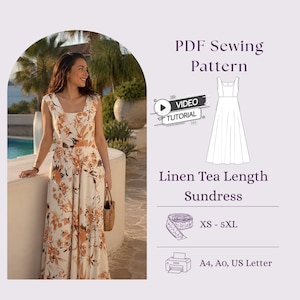 Linen Tea Length Sundress Sewing Pattern PDF, Square Neck Midi Dress DIY