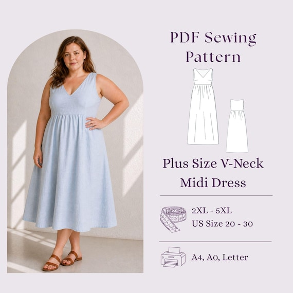 empire waist dress pattern plus size V-Neck Midi Sewing PDF, Sleeveless DIY Size:L-US6 published_date:2025-09-24T15:45:24Z Denim Dress Belted Pinafore Square neck cuffed sleeves