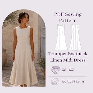 May include: A PDF sewing pattern for a trumpet boatneck linen midi dress. The image displays a beige sleeveless dress, a technical line drawing of the front and back, a measuring tape icon, size range XS-5XL, and printer icons for A4, A0, US Letter.