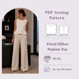 Puede incluir: Un patrón de costura en PDF para un top peplum ajustado Hillow. La imagen muestra un top blanco sin mangas con cintura peplum, un dibujo técnico de línea del frente y la espalda, tallas XS-5XL y formato A4, A0 y US Letter.