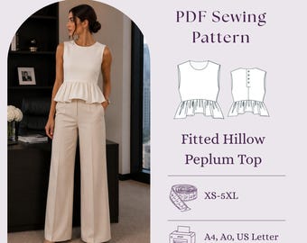 Schnittmuster für ein Peplum-Top | Ärmellose Strickbluse mit Peplum-Ausschnitt | Figurbetonter Rüschensaum (PDF, Größen XS-5XL)