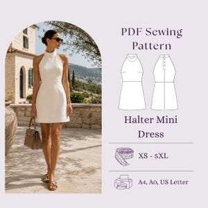 Puede incluir: Un vestido corto blanco con cuello halter y corpiño ajustado. La imagen incluye una ilustración de patrón de costura en PDF que muestra vistas frontales y traseras, rango de tallas XS-5XL y compatibilidad con formatos A4, A0 y US Letter.