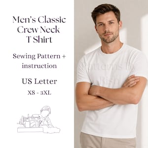 Patrón de costura en PDF para camiseta de hombre, tallas XS-5XL, camiseta básica de cuello redondo, tallas grandes para hombre.