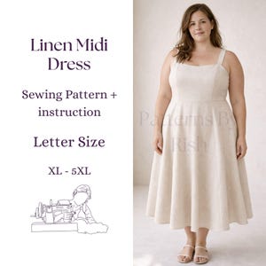 May include: A woman wearing a beige linen midi dress with a square neckline and wide straps. The dress is a sewing pattern, with text that reads "Linen Midi Dress, Sewing Pattern + instruction, Letter Size, XL - 5XL".