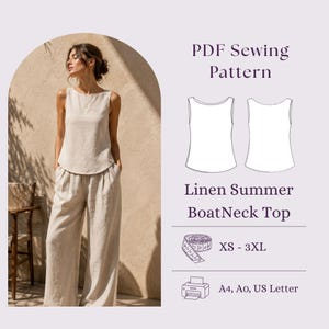 May include: A woman in a beige linen BoatNeck top and trousers. The image includes a PDF sewing pattern with a line drawing of the top, a measuring tape, and the text "XS - 3XL". The text "Linen Summer BoatNeck Top" is also visible.