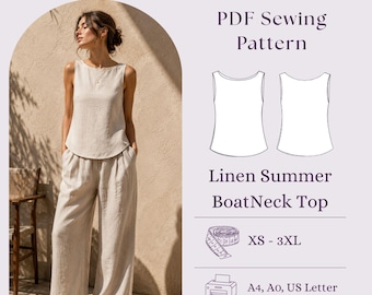 Leinen U-Boot-Ausschnitt Top Schnittmuster PDF, Minimalist Sommer Frauen Bluse DIY