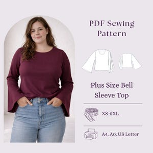 May include: A woman wearing a burgundy plus-size bell sleeve top and blue jeans. The image includes a PDF sewing pattern graphic, a measuring tape, and a printer icon. Text on the image reads "PDF Sewing Pattern", "Plus Size Bell Sleeve Top", and "XS-5XL".