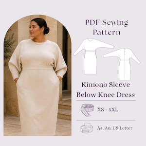 Kimono Sleeve Below Knee Dress Sewing Pattern PDF, Elegant Midi Dress DIY