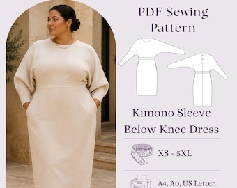 Kimono Ärmel Unterhalb Kleid Schnittmuster PDF, Elegantes Midi Kleid DIY
