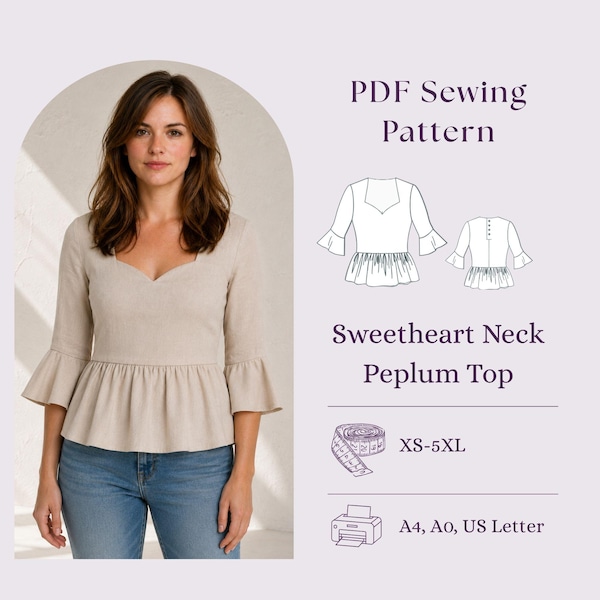 Sweetheart Neck Peplum Top Sewing Pattern | Ruffle Sleeve Blouse (Digital Download)