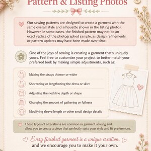 May include: An informational document titled PatternsByRish, A Note About the Pattern & Listing Photos, featuring text about sewing pattern customization, garment alterations, and support, decorated with illustrations of thread, buttons, and scissors.
