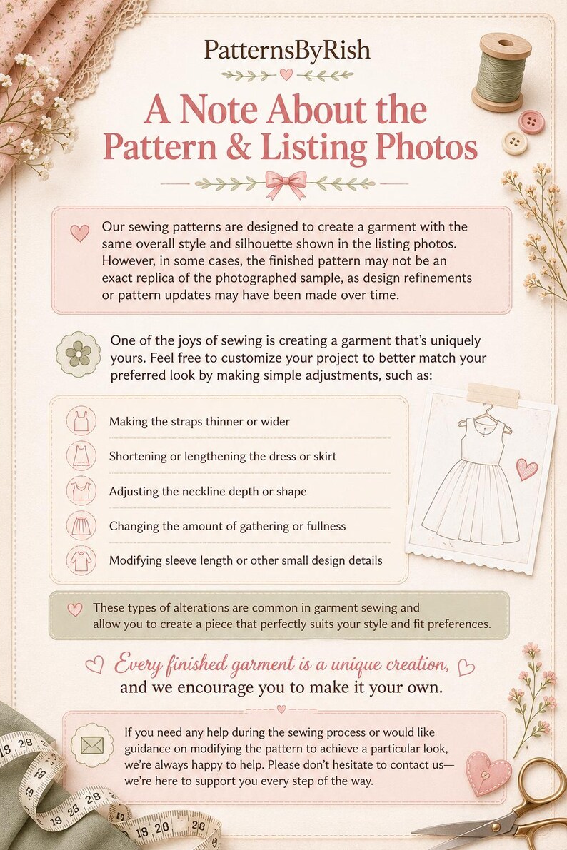 May include: An informational document titled PatternsByRish, A Note About the Pattern & Listing Photos, featuring text about sewing pattern customization, garment alterations, and support, decorated with illustrations of thread, buttons, and scissors.