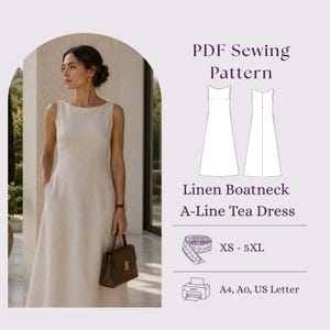 May include: A PDF sewing pattern for a sleeveless boatneck A-line tea dress. The image displays a beige dress, a technical line drawing of the front and back, a measuring tape icon, and text indicating sizes XS-5XL and A4, A0, US Letter formats.