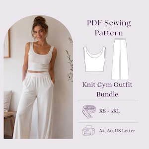 May include: A PDF sewing pattern for a knit gym outfit bundle, featuring a white tank top and wide-leg pants. The graphic includes line drawings of the garments, a measuring tape icon, a printer icon, and text: PDF Sewing Pattern, Knit Gym Outfit Bundle, XS - 5XL, A4, A0, US Letter.