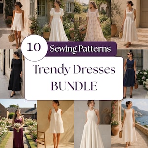Może przedstawiać: Cyfrowa grafika z tekstem 10 Sewing Patterns Trendy Dresses BUNDLE, otoczona kolażem dziesięciu różnych wzorów sukienek, obejmujących różne długości, dekolty, style rękawów oraz kolory, takie jak biały, czarny i bordowy.