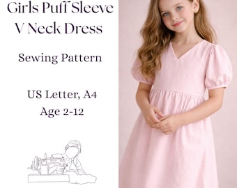 Schnittmuster PDF für Mädchenkleid mit Puffärmeln, Empire-Taille für Babys (2-12 Jahre)