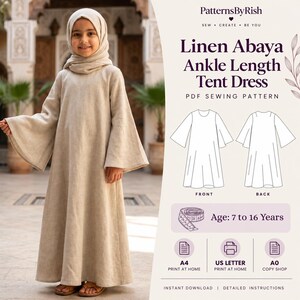 Girls Linen Abaya Ankle Length Tent Dress PDF Sewing Pattern