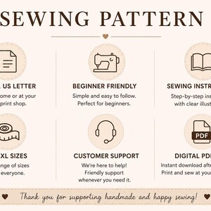 May include: A digital sewing pattern information graphic with a light background and dark brown text. It features six circular icons representing A4, A0, US letter formats, beginner friendly instructions, sewing guides, XS-5XL sizes, customer support, and a digital PDF file download.