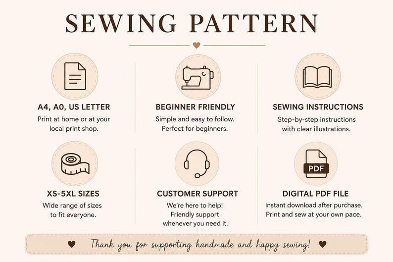 May include: A digital sewing pattern information graphic with a light background and dark brown text. It features six circular icons representing A4, A0, US letter formats, beginner friendly instructions, sewing guides, XS-5XL sizes, customer support, and a digital PDF file download.