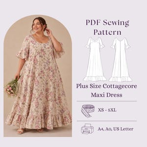 Könnte beinhalten: Ein PDF-Schnittmuster für ein Maxi-Kleid in Übergröße mit Blumenmuster. Das Bild zeigt das fertige Kleid, technische Strichzeichnungen, den Text 'PDF Sewing Pattern', 'Plus Size Cottagecore Maxi Dress', 'XS - 5XL' und 'A4, A0, US Letter'.