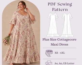 Plus Size Cottage Maxi Kleid Schnittmuster PDF, Romantisches Prärie Kleid Frauen DIY
