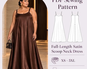 Satinkleid-Schnittmuster | Langes Maxikleid mit Rundhalsausschnitt (XS-5XL PDF)