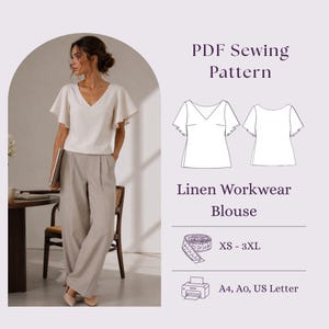 May include: A PDF sewing pattern for a linen workwear blouse. The image displays a white V-neck blouse with flutter sleeves and gray trousers, alongside a technical line drawing of the blouse, a measuring tape icon, and printer icons for A4, A0, and US Letter sizes.