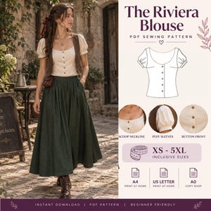 Puede incluir: El patrón de costura en PDF The Riviera Blouse muestra una blusa color crema con escote redondo, mangas abullonadas y cierre frontal de botones. El patrón incluye tallas de la XS a la 5XL, con formatos para imprimir en A4, US Letter y A0.