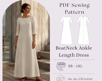 U-Boot-Ausschnitt Knöchel-Länge Kleid Schnittmuster PDF, Maxi-Kleid mit 3/4 Ärmeln DIY