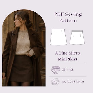 Puede incluir: Un patrón de costura en PDF para una minifalda de corte en A. La imagen muestra una falda marrón oscuro con un suéter beige y un abrigo marrón, junto a dibujos técnicos de la falda, un icono de cinta métrica y texto: XS-5XL, A4, A0, US Letter.