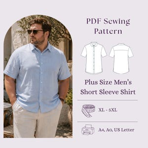 May include: A light blue short-sleeve button-down shirt with a collar. The image includes text reading PDF Sewing Pattern, Plus Size Short Sleeve Shirt, XL - 5XL, and A4, A0, US Letter, alongside line drawings of the shirt and a measuring tape.