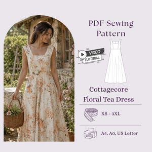 Patrón de costura en PDF para vestido de té floral estilo cottagecore, vestido maxi con escote cuadrado DIY