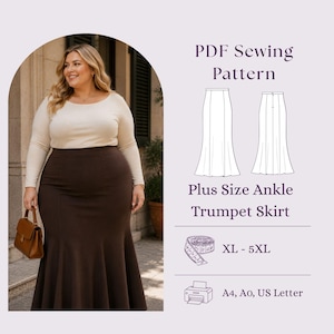 May include: A PDF sewing pattern for a plus size ankle trumpet skirt, featuring a line drawing of the skirt, size range XL-5XL, and printer compatibility for A4, A0, and US Letter paper sizes. The text reads PDF Sewing Pattern Plus Size Ankle Trumpet Skirt.