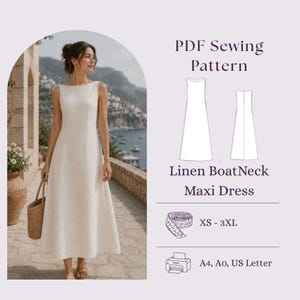 May include: A PDF sewing pattern for a linen boat neck maxi dress. The image displays a sleeveless white dress, a technical line drawing of the garment, size range XS-3XL, and printer paper formats including A4, A0, and US Letter.