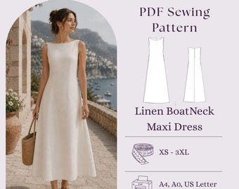 Patron de couture PDF pour robe longue Cottagecore en lin, robe longue pour femme à col bateau, bricolage