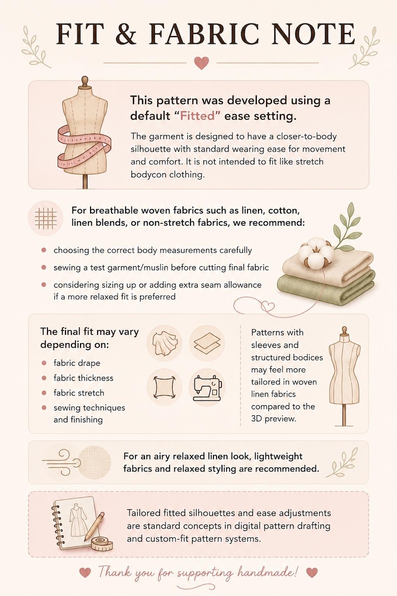 May include: An informational infographic titled FIT & FABRIC NOTE featuring illustrations of a dress form, folded fabric, and sewing tools. The text provides guidance on garment fit, fabric selection, and sewing techniques for digital patterns.