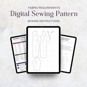 May include: Three digital tablets displaying a sewing pattern for a plunge V-neck midi dress. The screens show fabric requirements, technical line drawings of pattern pieces on a grid, and written sewing instructions for the garment construction.