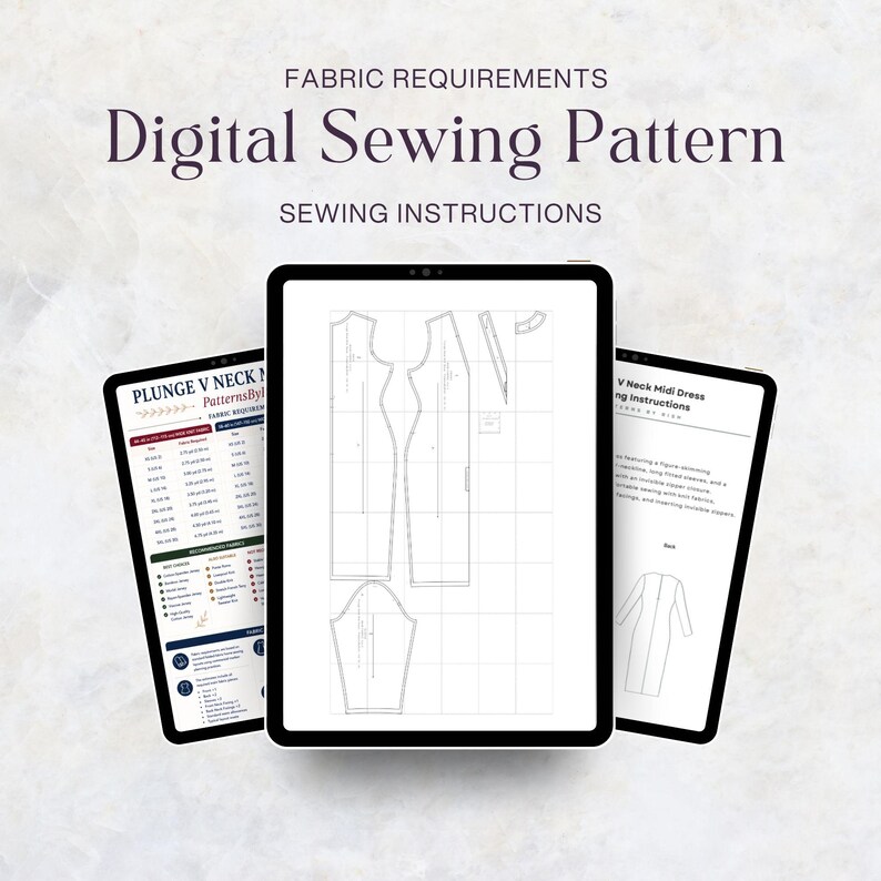May include: Three digital tablets displaying a sewing pattern for a plunge V-neck midi dress. The screens show fabric requirements, technical line drawings of pattern pieces on a grid, and written sewing instructions for the garment construction.